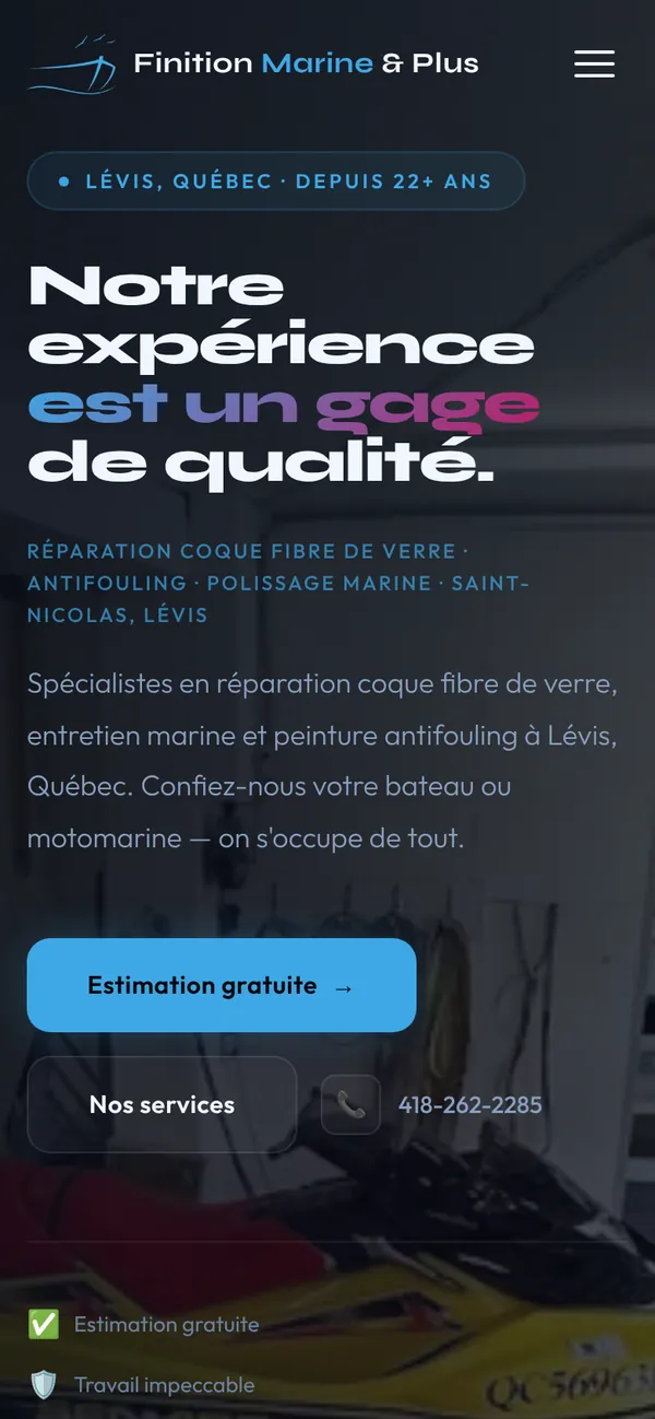 Page d'accueil de finitionmarine.ca sur cellulaire, avec le bouton Estimation gratuite et le téléphone dans le premier écran