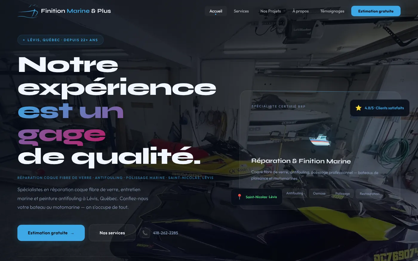 Page d'accueil de finitionmarine.ca sur ordinateur : titre « Notre expérience est un gage de qualité », bouton Estimation gratuite, téléphone et note Google 4,8 sur 5