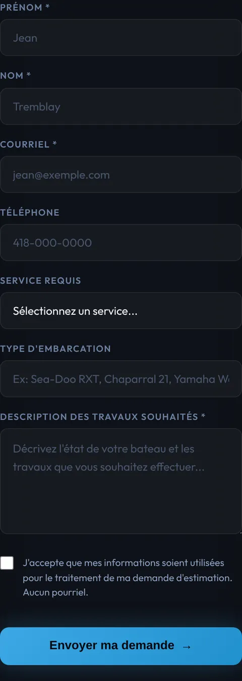 Formulaire de demande d'estimation de finitionmarine.ca sur cellulaire