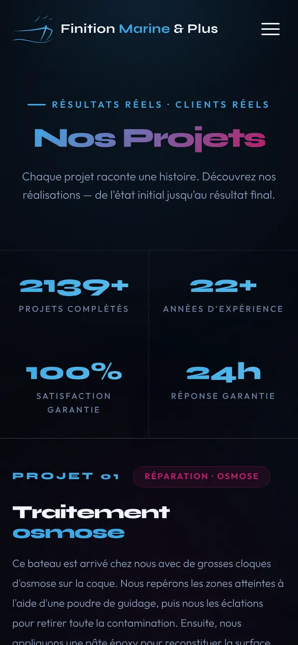 Page Nos projets de finitionmarine.ca sur cellulaire